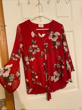 Ember Red Floral V-Neck Tie-Front Women's Blouse